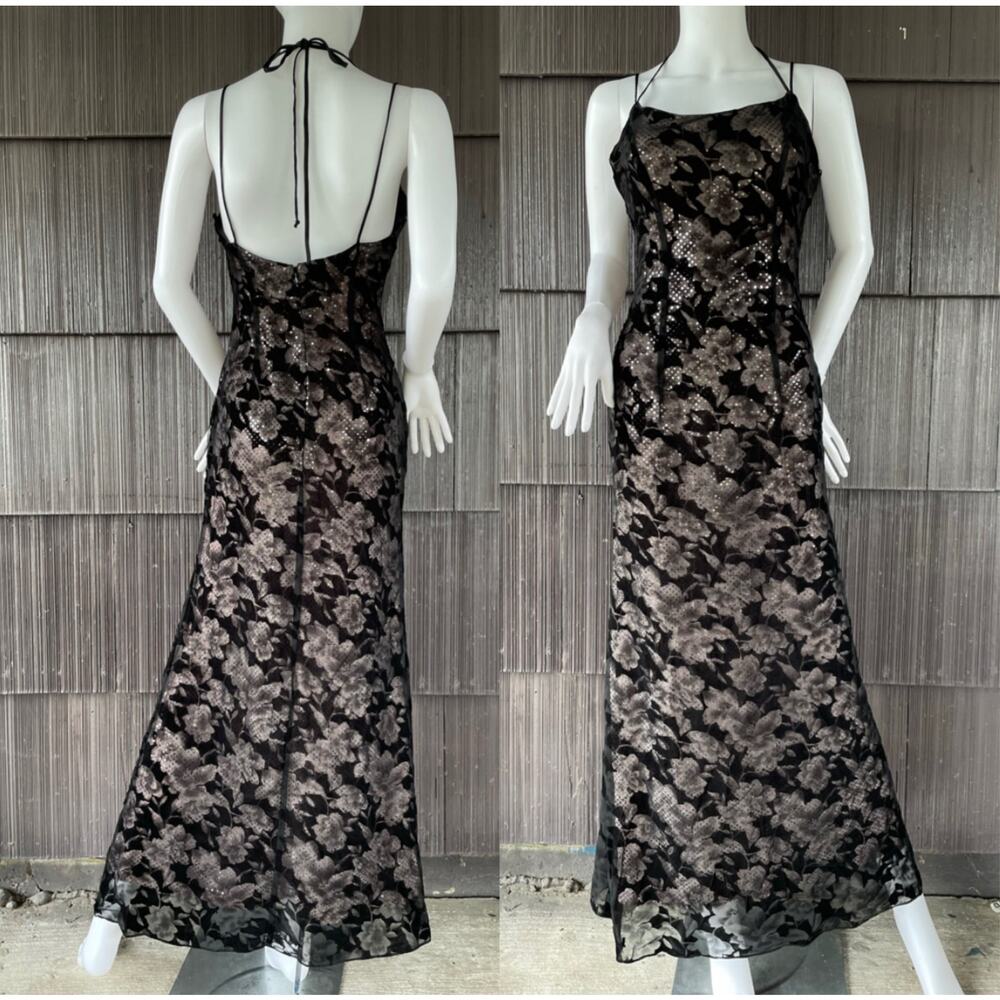 🔥VTG Y2K Fanny USA Whimsy Flocked Burnout Sequins Prom Evening Party Dress XS/S